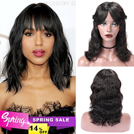 WIGNEE Natural Wave Wigs with Bangs 100% Brazilian Human Hair Fashion Wave Wigs Natural Black (14")