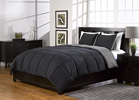 3 Pc Black and Grey Comforter Set, Alternative Down, King/queen Size, Karalai Bedding Collection (King)
