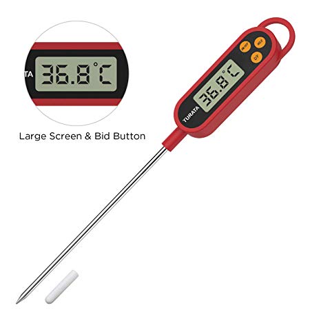 TURATA Kitchen Cooking Thermometer, Digital Instant Read Meat Food Thermometer with 5.7'' Long Probe, Anti-Corrosion LCD Screen, ºF/ºC & Auto-Off for Food, BBQ, Water, Wine, etc (Red)