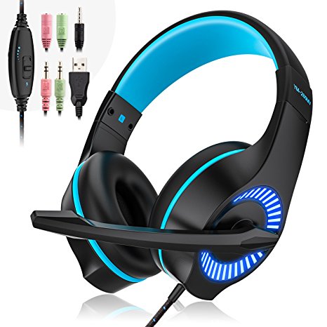 Gaming Headset, 3.5mm Wired Game Headphone Earphone with Mic Surround Stereo Bass,Noise Reduction, LED Light, for PS4 New Xbox One Nintendo Switch PC Computer Laptop Mobile Phones (Blue)