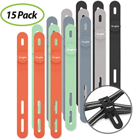 Ringke Cable Tie Silicone [15 Pack] Colorful Reusable Holder Strap Organizer Management for Fastening Cable Cords and Wires