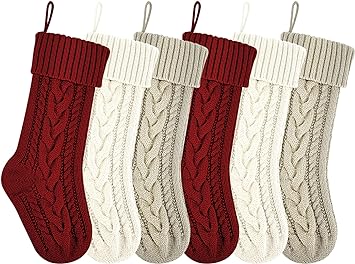 18 Inches Burgundy, Ivory and Khaki Knit Christmas Stockings Bulk Double Side Vintage Family Xmas Stockings for Fireplace and Home Decor,6 Pack