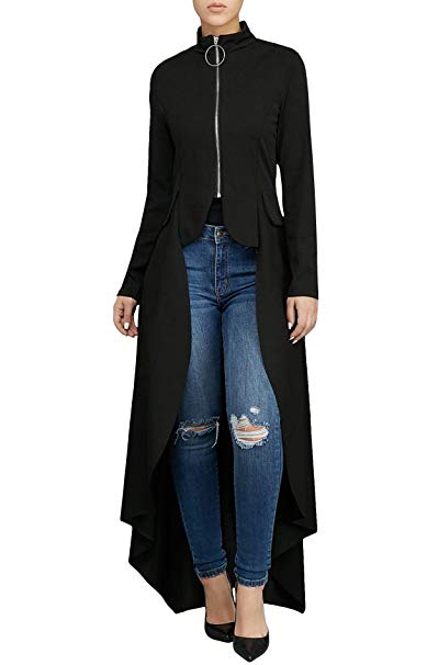 Women's Fashion High Low Tops - Unique Irregular Zipper Front Long Sleeve Tunic Shirt Dress