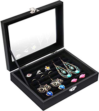 Valdler Velvet Clean Lid 7 Slots Ring Earrings Trays Showcase Display Jewelry Organizer Black