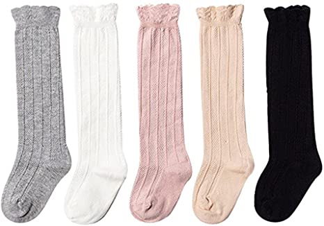 Udobuy 5 Pairs Baby Girls Cotton Knee High Socks Kids Toddle Over Calf Knee High Socks