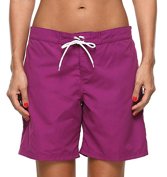 ATTRACO Womens 9 inch Board Short Solid Stretch Drawstring Pocket Swim Trunks