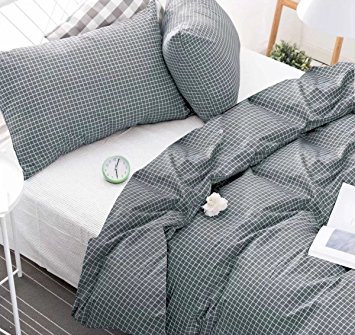 Gray Grid Duvet Cover Set, 100% Cotton Bedding, Geometric Modern Pattern Printed on Grey, with Zipper Closure (3pcs, Queen Size)