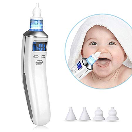 Electric Baby Nasal Aspirator - Nose Cleaner & Snot Sucker for Newborns Kids Infant - USB Rechargeable with 4 Reusable Tips (2 Sizes) & 5 Suction Levels