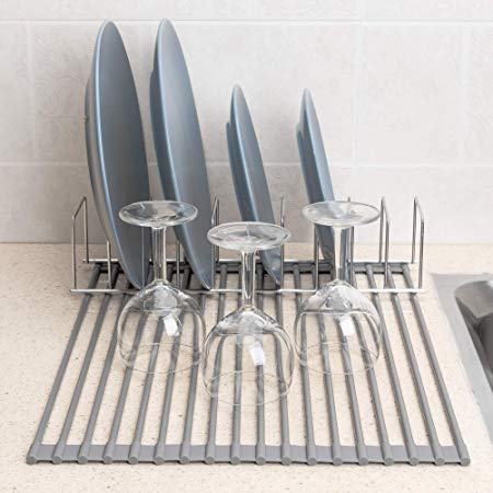 ARCCI Roll-up Dish Drying Rack NO-Slip Silicone-coated and Dishes Drying Holder Stainless Steel Kitchen Multipurpose Sink Drainer