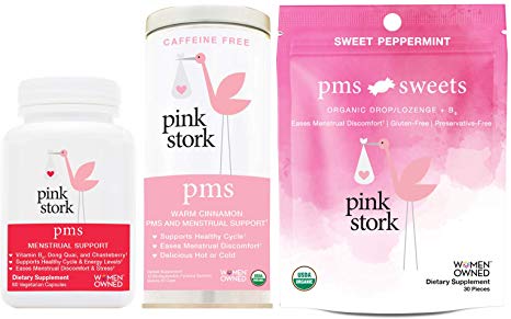 Pink Stork PMS Bundle: PMS Supplement, Tea, and Sweets to Support PMS and Period Symptoms, Chasteberry, Vitamin B6, Peppermint, and More