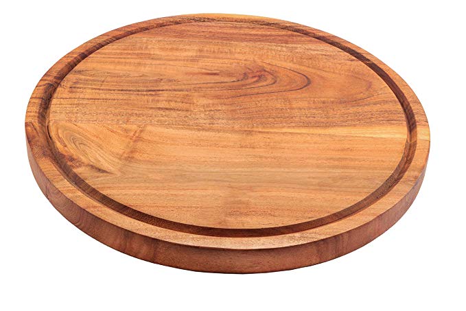 Kaizen Casa Round Wood Cutting Board Acacia Cheese Serving Tray and Charcuterie Platter with Juice Drip Groove (13.5"x13.5"x1")