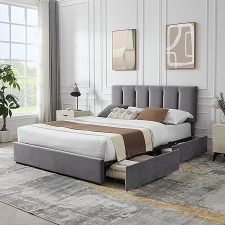 VECELO Queen Upholstered Bed Frame with 4 Storage Drawers and Adjustable Velvet Headboard, Heavy-Duty Platform bedframe, No Box Spring Needed, Grey