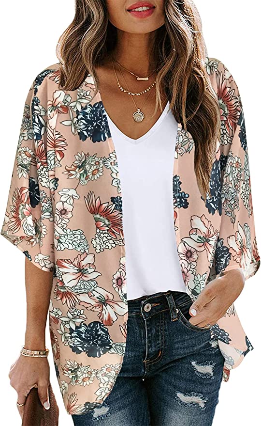 Women's Floral Print Puff Sleeve Kimono Cardigan Loose Cover Up Casual Blouse Tops