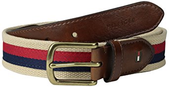 Tommy Hilfiger Men's Casual Fabric Belt with Ribbon Overlay and Leather Tabs