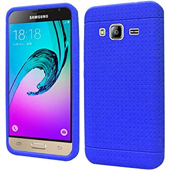 Tempered Glass Rugged Slim Rubber Silicone Case Cover For Samsung Galaxy J3 2016 / Sol / Amp Prime / Express Prime [Model: SM-J320 J320ZN J320V J320A J320R4 J321 J320P] Phone (Blue)