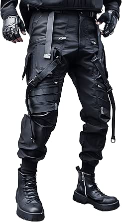 MOKEWEN Men's Straps Buckle Zipper Pockets Streetwear Bike Ninth Pants