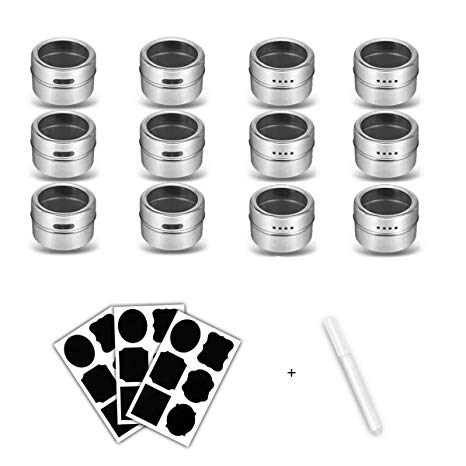 Stainless Steel Spice Jars Storage Containers Set, 12Sets VINDAR Magnetic Spice Tins Stick on Refrigerator and Grill, Free Gift of 18PCS Spice Labels   1PCS Erasable Chalk Markers