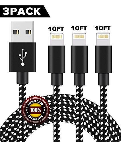 BULESK Lightning Cable 3Pack 10FT Nylon Braided Certified iPhone Cable USB Cord Charging Charger for Apple iPhone X, 8, 7 Plus, 6, 6s, 6 , 5, 5c, 5s, SE, iPad, iPod Nano, iPod Touch (Black White)