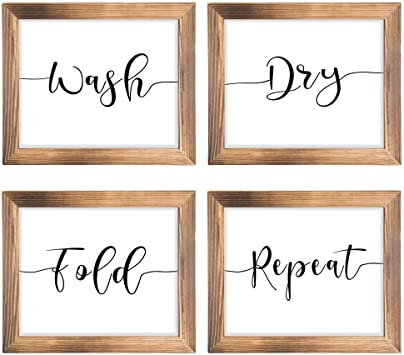 Farmhouse Laundry Room Decor Wash Dry Fold Repeat Laundry Sign - Funny Laundry Room Signs Rustic Wall Decor Framed Wood Wall Art , 12x10 inch 4/Pack