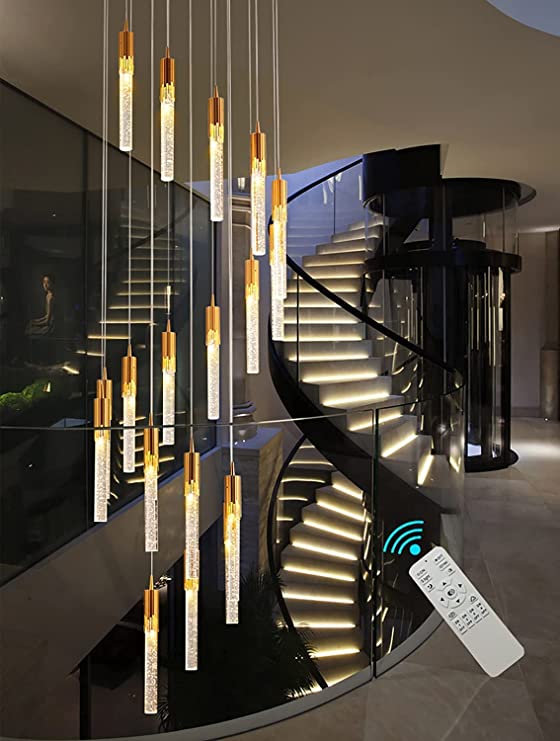 120'' Long high Staircase Dimmable Chandelier 16 Lights Foyer Entrway Crystal Chandeliers Lampara with Bubble Column Fixtures Remote Control Large Foyer Chandelier Hallway Long Ceiling Pendant Light