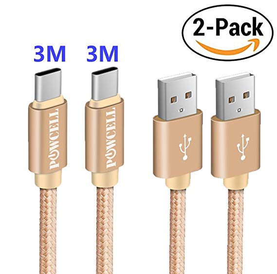 VALUE PACK OF 3 POWCELL FULL SPEED CHARGER FOR SONY XPERIA XZ PREMIUM X Compact XZs L1 XA1 Ultra NYLON BRAIDED USB DATA SYNC CHARGING CABLE CORD (2 Pack 3 Meter Gold)