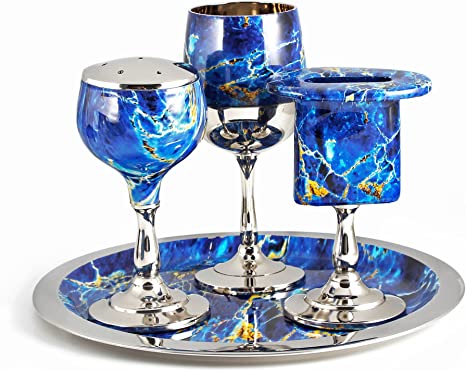 Elegant End of Shabbat Havdalah Set Nickel Plated Blue Marble Decal - Includes Matching Kiddush Cup Goblet and Tray, Havdualah Candle Holder, Besamim Spice Box - Shabbos Decorations by Zion Judaica