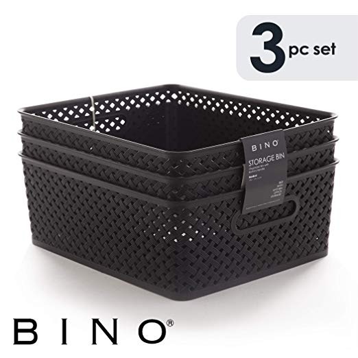 BINO Woven Plastic Storage Basket, Large – 3 Pack (Black)