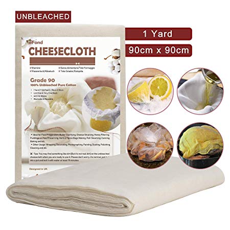 eFond Cheesecloth, 1 Yard, Grade 90 Unbleached Cheesecloth Muslin Cloths for Straining, Ultra Fine Food Strainers Gauze Reusable Cotton Fabric Strainer for Jam, Wine, Milk - 9 Sq.Feet