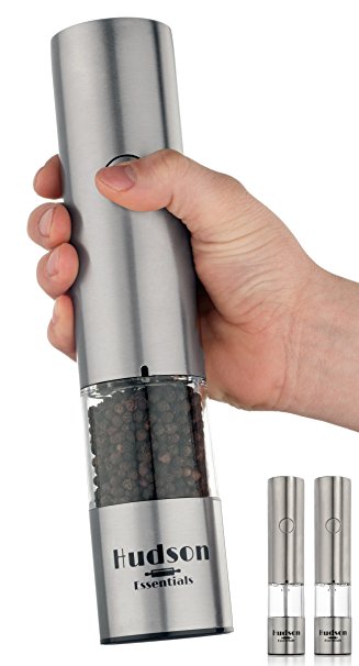 Hudson Gourmet Automatic Salt and Pepper Grinder Mill - Stainless Steel Housing w/ Ceramic Grinder - Easy Touch Electric Set of 2