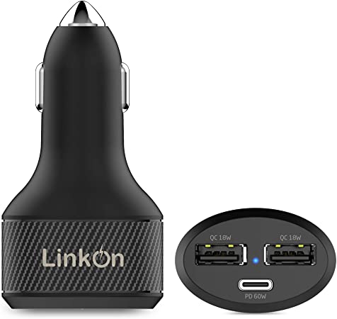LinkOn 84W USB-C Car Charger with 60W PD3.0 PPS and 18W QC3.0 ports Compatible with MacBook Dell HP Lenovo Samsung Huawei iPhone iPad FCP SCP Apple