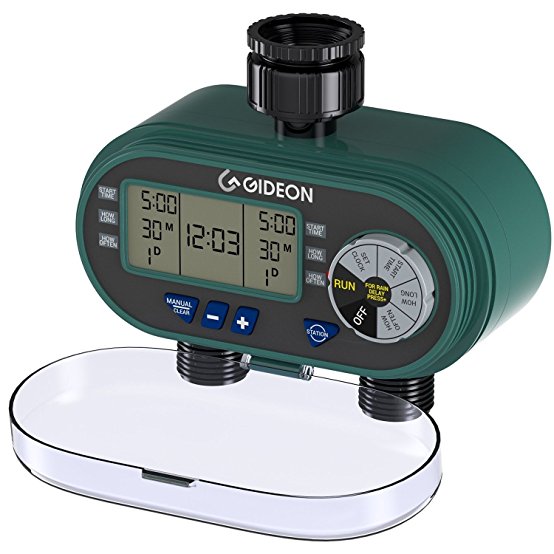 Gideon Dual-valve Hose Irrigation Water Timer Sprinkler System – Battery Powered; Easy Hose Connection with Simple to Use Digital System [UPGRADED VERSION]