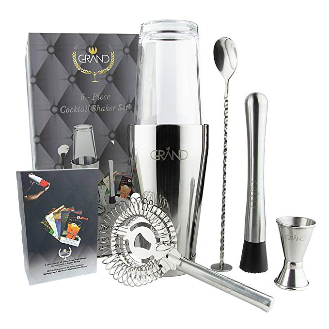 Cocktail Making Set with Boston Cocktail Shaker Ideal for Home or Bar by Grand. Included with This 6-Piece Barware Kit are 50 Cocktail Recipes Cards to Enjoy Using Your Cocktail Mixing Kit.