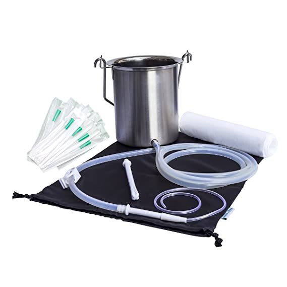 Super Quality Surgical Steel Grade Enema Bucket Kit with Platinum Cured Silicone Tubing - 2 Quart Capacity with Shower Suspension - BPA, Phthalate Free Components and Enema Sheet (Plus 10 Soft Tips)