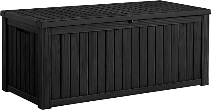 Flamaker Resin Deck Box 150 Gallon Waterproof Large Deck Boxes Plus Outdoor Indoor Storage Box Imitation Wood Resin for Patio Furniture Garden Tools and Pool,Dark Black