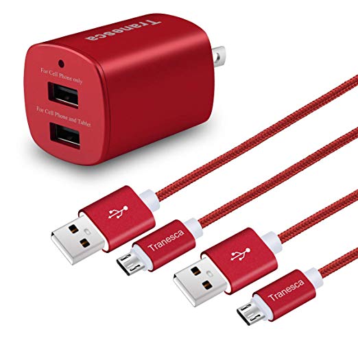 Tranesca Dual USB Wall Charger with 2 Pack 6ft Micro USB Cable - Only for Android and All Micro USB Enabled Devices, NOT for Apple or USB Type C Devices (Red)