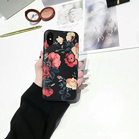 iPhone X Cute Case for Girls, Flexible Soft Slim Fit Full Protective Shell Phone Case with Vintage Rose Floral Pattern for iPhone X 5.8 Inch (Rose)