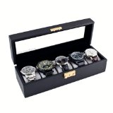 Compact Black Watch Case Storage Box With Glass Top Holds 5 Watches