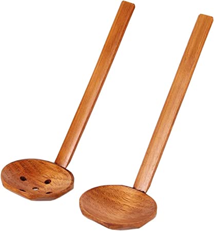 Japanese Noodle Strainer Spoon With Wooden Set of 3, Ramen Soup Spoon With Long Handle Ladle For Udon Noodles