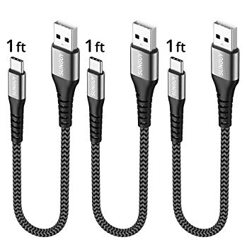 SUNGUY 3A USB C Charging Cable 1FT 3PACK Short Braided QC 3.0 Quick Charge & Data Sync Cord for Samsung Galaxy S10 S9 S8 Plus/Moto G6 G7/Nokia 8/Mi 8,Mi 9 (Grey)