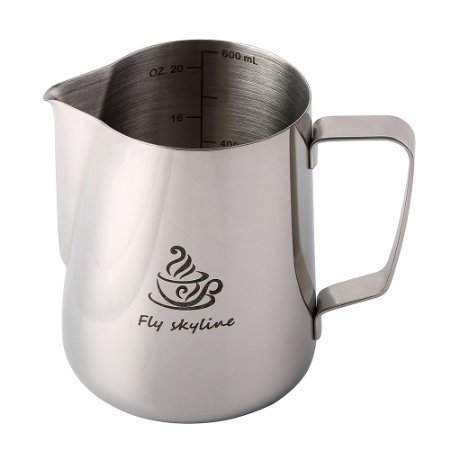 Fly Skyline Stainless Steel 20oz Milk Frothing Pitcher, Measurements Inside the Pitcher While Enjoying Precise Pouring & a Comfortable Handle(20Ounces)