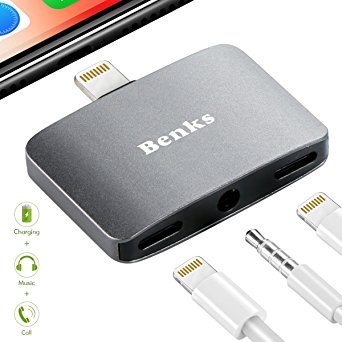 Benks 3-In-1 Lightning Splitter Charger Adapter [Support iOS 11] Audio and Charger 3.5mm Earphone Jack Cable for iPhone X 10 8 7 Plus (Support Music   Charge   Phone Call   Volume Adjustment)