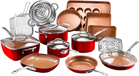 Gotham Steel Cookware   Bakeware Set with Nonstick Durable Ceramic Copper Coating – Includes Skillets, Stock Pots, Deep Square Fry Basket, Cookie Sheet and Baking Pans, 20 Piece, Red