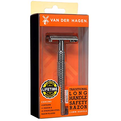 Van Der Hagen - Chrome Plated Brass - Double Edge Long Handle Safety Razor - Includes: 5 Double Edge Coated & Stainless Steel Blades - Close Smooth Shave Prevents Ingrown Hairs - 110mm