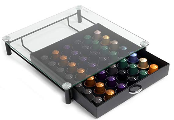 Amtido Nespresso Pod Storage Drawer with Crystal Tempered Glass - Holds 42 Coffee Capsules - Beautiful Holder for Display and Organisation