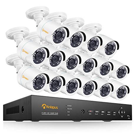 Anlapus 16 Channel H.265  1080P Security Camera System, 16CH 5-in-1(TVI/AHD/CVI/CVBS/IP) DVR Kit, (16) Outdoor Bullet 2MP HD CCTV Surveillance Cameras, Easy Remote Access(No Hard Drive)
