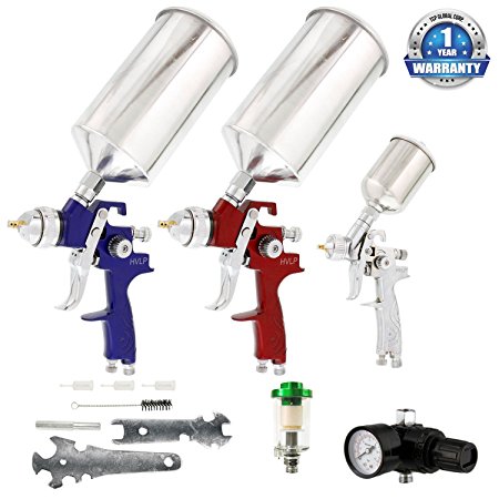 TCP Global Brand HVLP Spray Gun Set - 3 Sprayguns with Cups, Air Regulator & Maintenance Kit for all Auto Paint, Primer, Topcoat & Touch-Up, One Year Warranty
