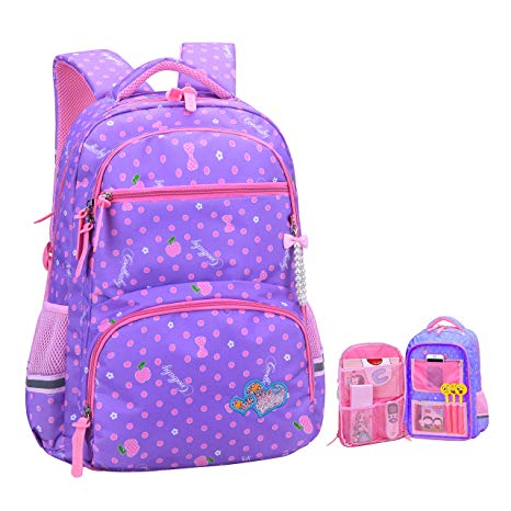 Girls Backpacks for Elementary, Polk Dots School Bag for Kids Primary Bookbags (Girls Backpacks for Elementary Purple, Small for Grade 1-3)