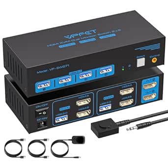 4K120Hz HDMI KVM Switch 2 Monitors 2 Computers 8K USB 3.0 KVM Switches for 2 Computers Share Dual Monitor and 4 USB Devices Support Extended/Copy Mode with DC 12V/1A&Wired Controller