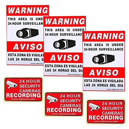 VideoSecu 3 large & 3 small security warning signs/stickers/Decals for CCTV video surveillance camera 1RV