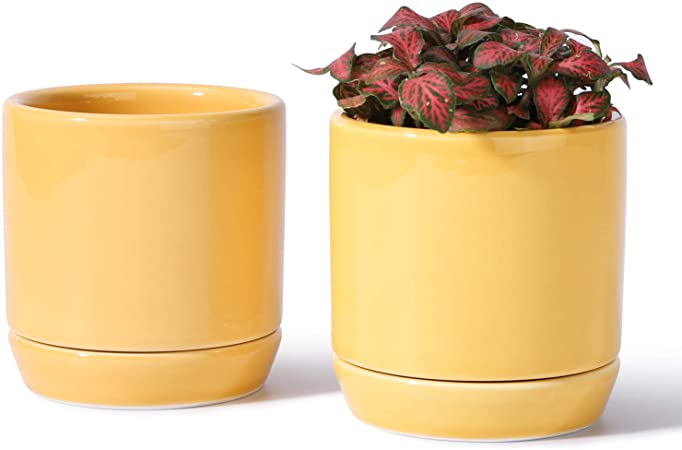 POTEY 055314 Succulent Planter Pots - 3.1 Inch Glazed Ceramic Small Planters Pot with Drainage Hole & Saucer Indoor for Plants Cactus Succulent(Set of 2, Plants NOT Included)